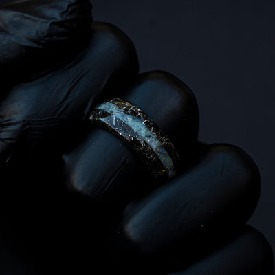 meteorite shavings tungsten ring with Rainbow moonstone, moonstone ring, mens wedding band, meteorite ring, meteorite wedding band | Decazi