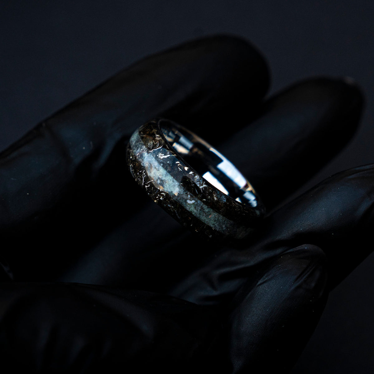 meteorite shavings tungsten ring with Rainbow moonstone, moonstone ring, mens wedding band, meteorite ring, meteorite wedding band | Decazi