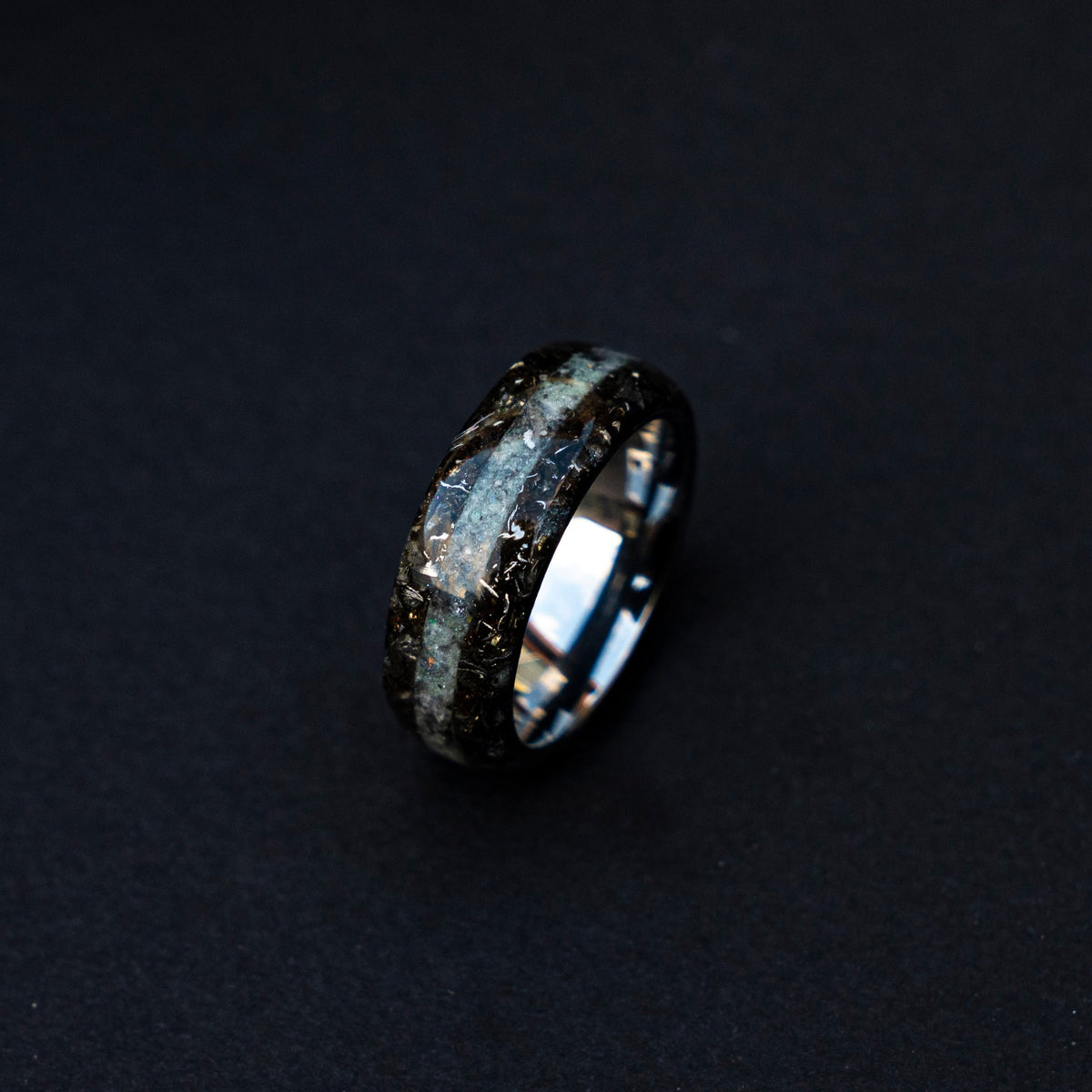 meteorite shavings tungsten ring with Rainbow moonstone, moonstone ring, mens wedding band, meteorite ring, meteorite wedding band | Decazi