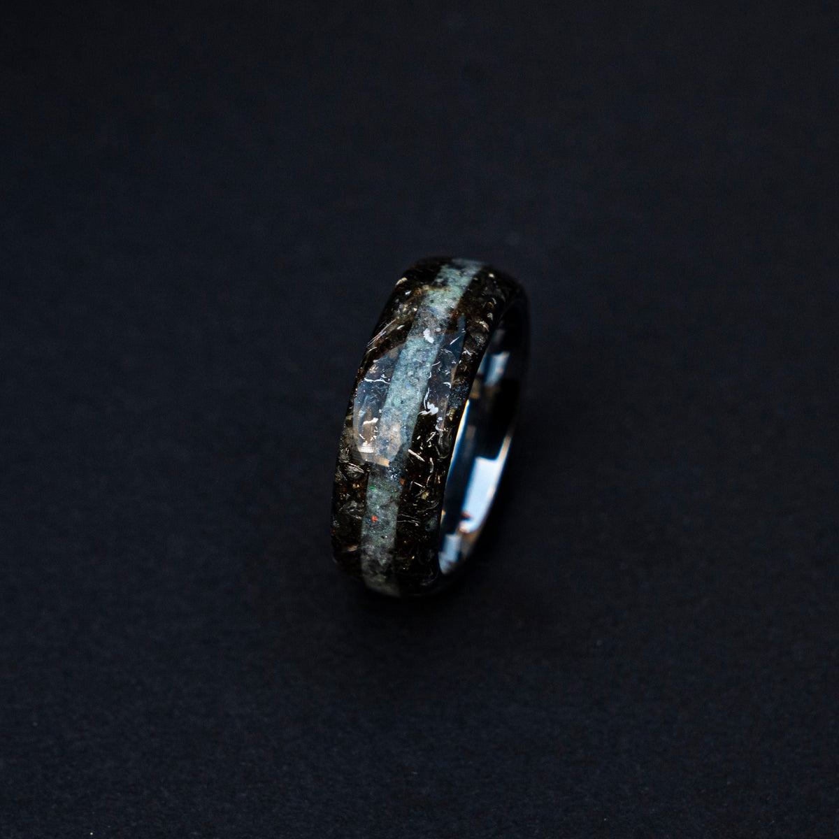 meteorite shavings tungsten ring with Rainbow moonstone, moonstone ring, mens wedding band, meteorite ring, meteorite wedding band | Decazi