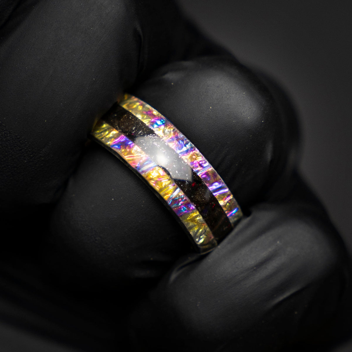 Dichrolam galaxy tungsten ring with Muonionalusta meteorite dust, mens wedding band, meteorite ring, meteorite wedding band, Decazi