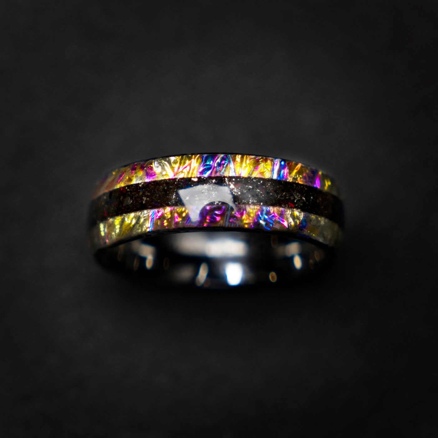 Dichrolam galaxy tungsten ring with Muonionalusta meteorite dust, mens wedding band, meteorite ring, meteorite wedding band, Decazi