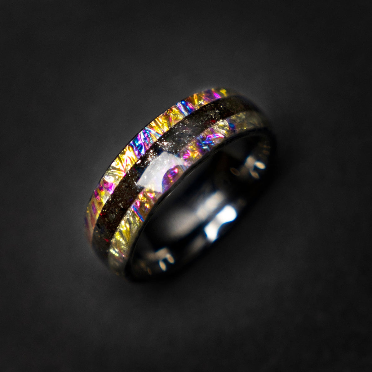 Dichrolam galaxy tungsten ring with Muonionalusta meteorite dust, mens wedding band, meteorite ring, meteorite wedding band, Decazi