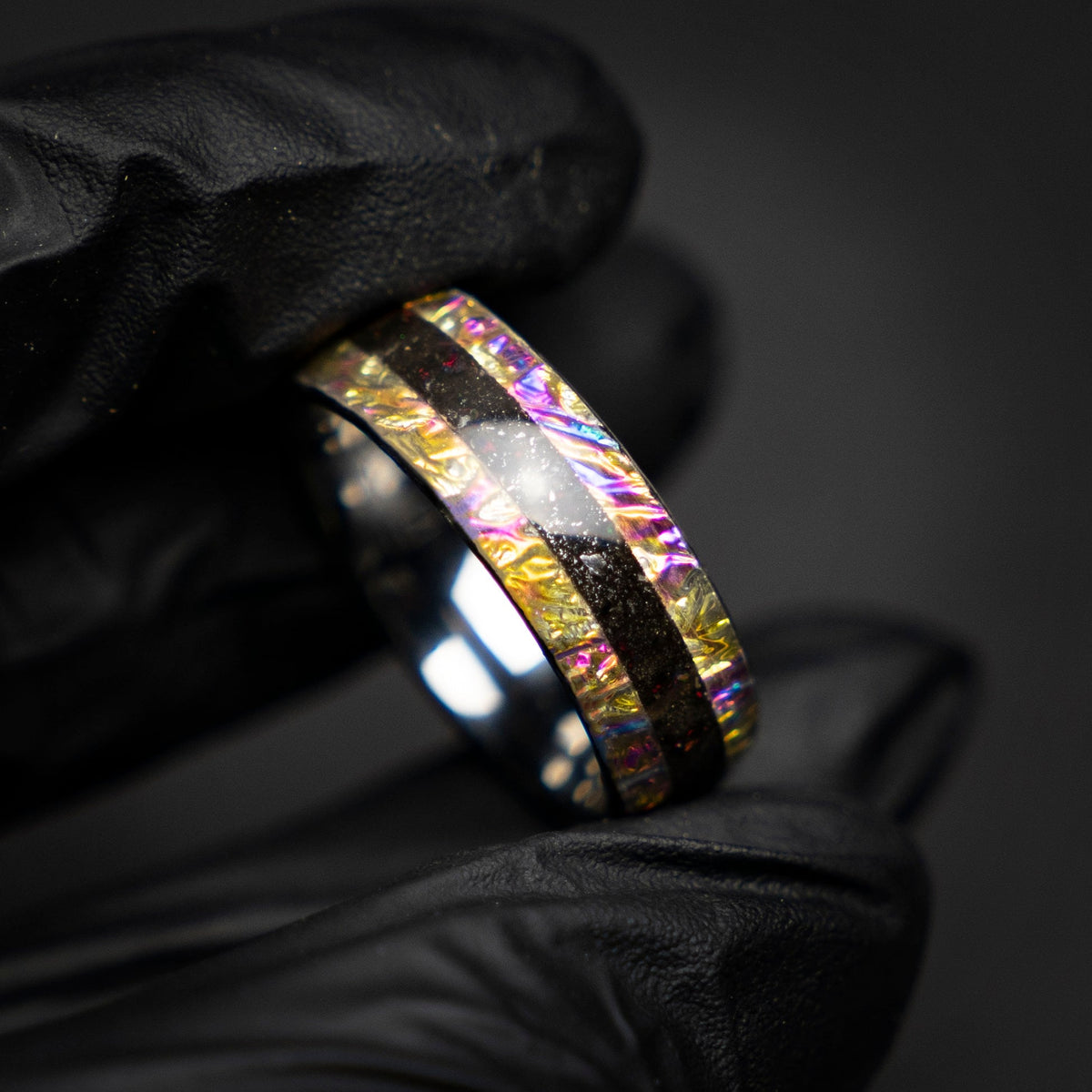 Dichrolam galaxy tungsten ring with Muonionalusta meteorite dust, mens wedding band, meteorite ring, meteorite wedding band, Decazi