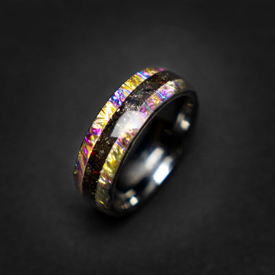 Dichrolam galaxy tungsten ring with Muonionalusta meteorite dust, mens wedding band, meteorite ring, meteorite wedding band, Decazi