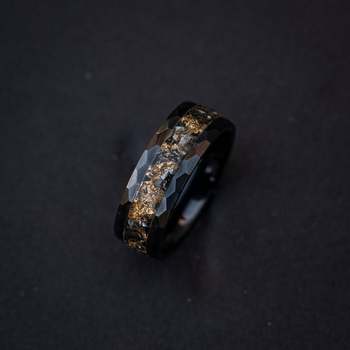 Hammered Meteorite ring Gold Leaf ring, Black Hammered wedding Ring, Hammered Brushed Ceramic Band, Mens Ring, gold meteorite ring, Decazi