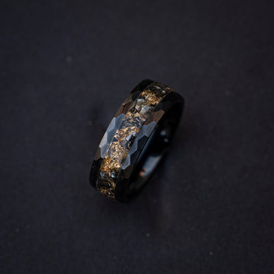Goldleaf meteorite ring, mens wedding band, faceted goldleaf ring, Mens meteorite ring, black ceramic, valentines day, gift for him, unique.