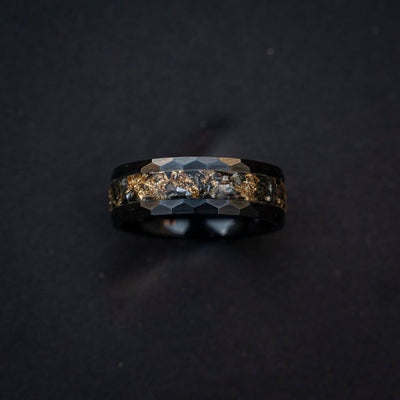 Hammered Meteorite ring Gold Leaf ring, Black Hammered wedding Ring, Hammered Brushed Ceramic Band, Mens Ring, gold meteorite ring, Decazi