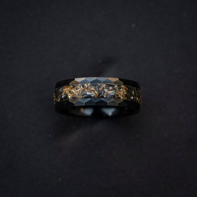 Goldleaf meteorite ring, mens wedding band, faceted goldleaf ring, Mens meteorite ring, black ceramic, valentines day, gift for him, unique.