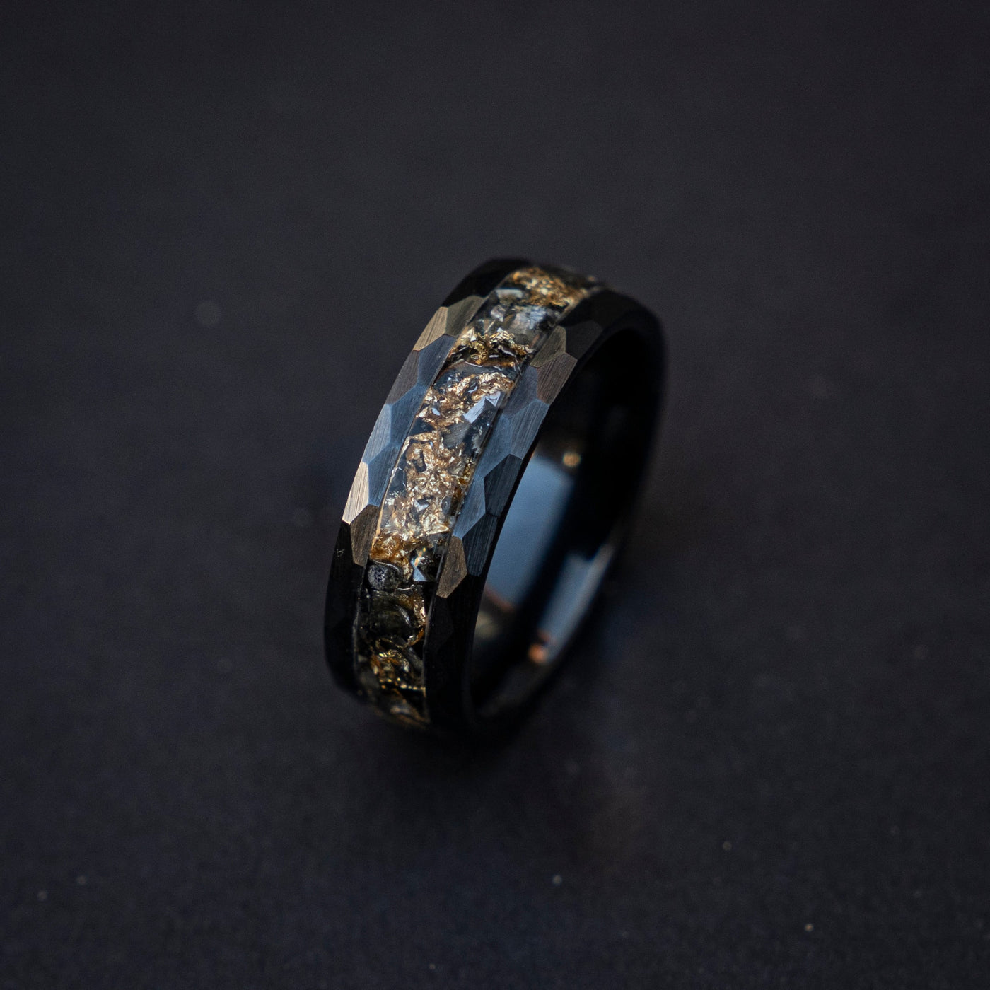 Black ceramic hammered ring filled with Meteorite and Goldleaf