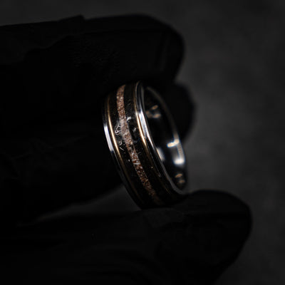 Megalodon Dinosaur bone ring, handmade jewelry, meteorite rings, dinosaur meteorite ring, tungsten wedding band, mens wedding band  | Decazi