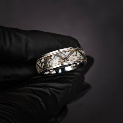 Velociraptor/Trex Dinosaur bone ring, meteorite, handmade jewelry, mens wedding band, tungsten wedding band, unique ring | Decazi