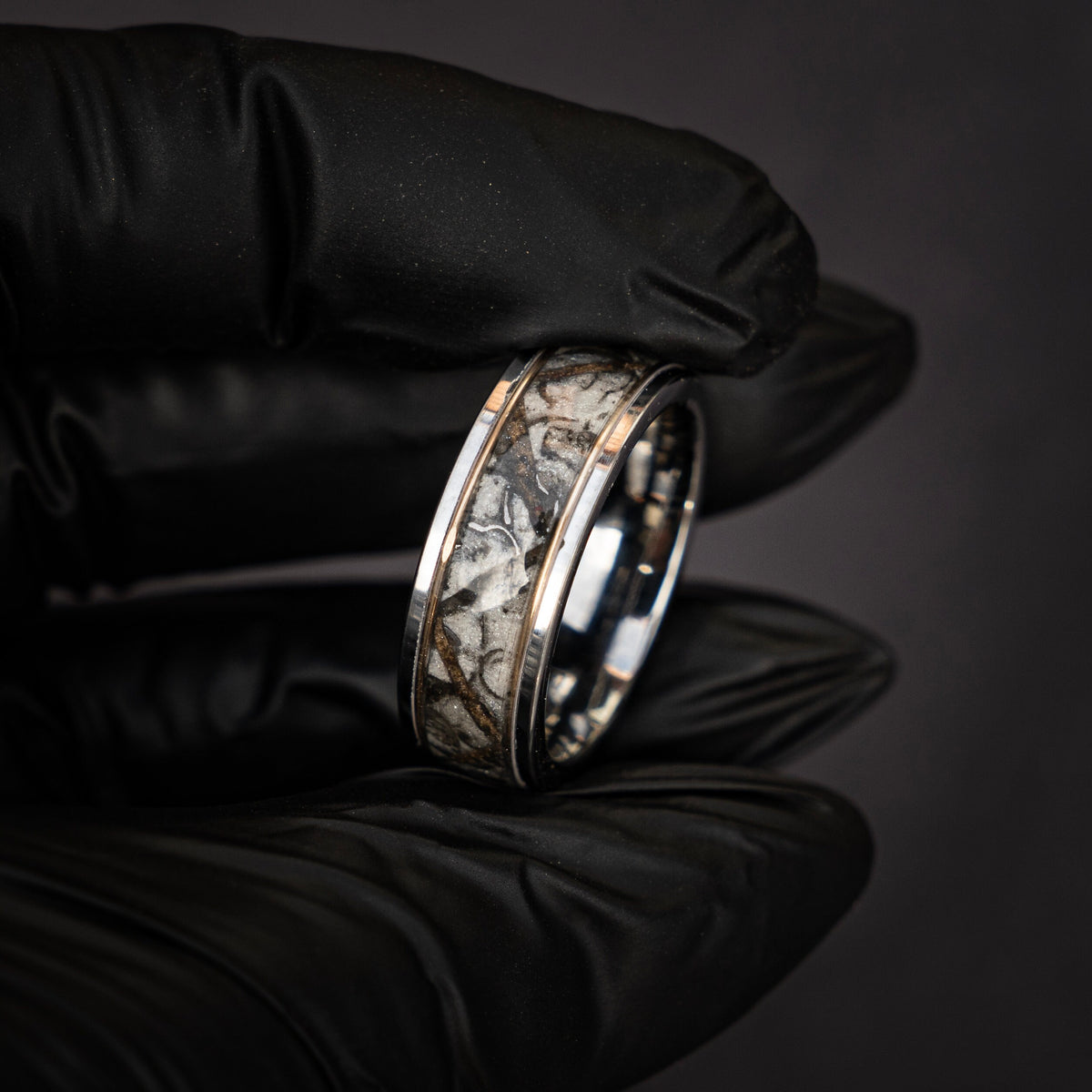 Velociraptor/Trex Dinosaur bone ring, meteorite, handmade jewelry, mens wedding band, tungsten wedding band, unique ring | Decazi