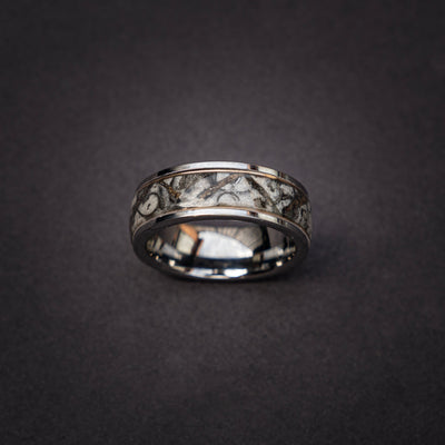 Velociraptor/Trex Dinosaur bone ring, meteorite, handmade jewelry, mens wedding band, tungsten wedding band, unique ring | Decazi