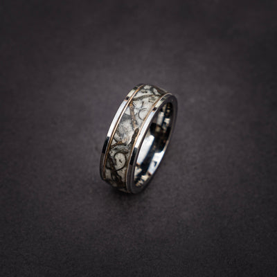 Velociraptor/Trex Dinosaur bone ring, meteorite, handmade jewelry, mens wedding band, tungsten wedding band, unique ring | Decazi