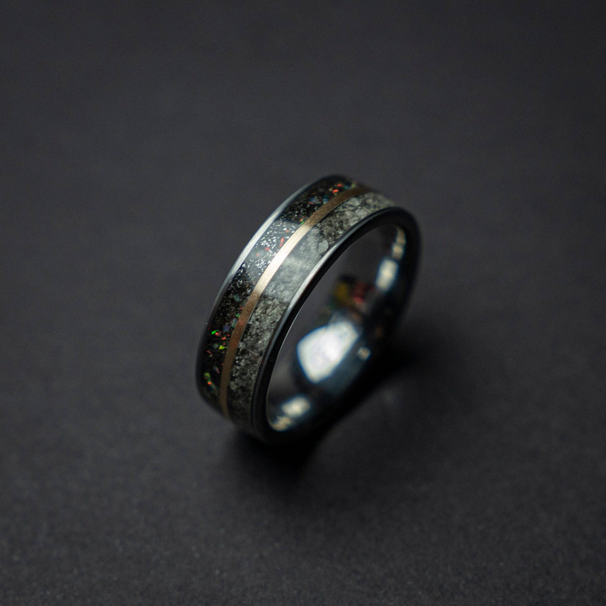 Lunar Moon Dust Ring with Meteorite & Opal