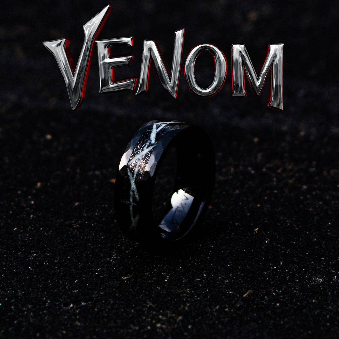Marvel Venom Black Hammerd ceramic ring, wedding, mens wedding band, opal ring, meteorite, meteorite ring, ceramic ring.