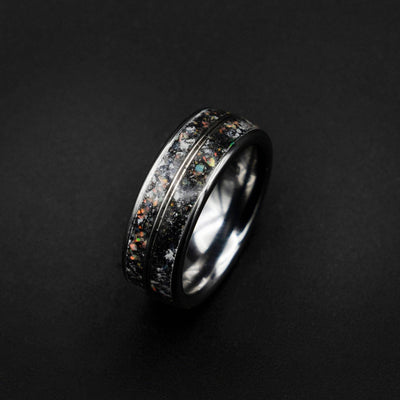 Meteorite and White Opal Tungsten Ring