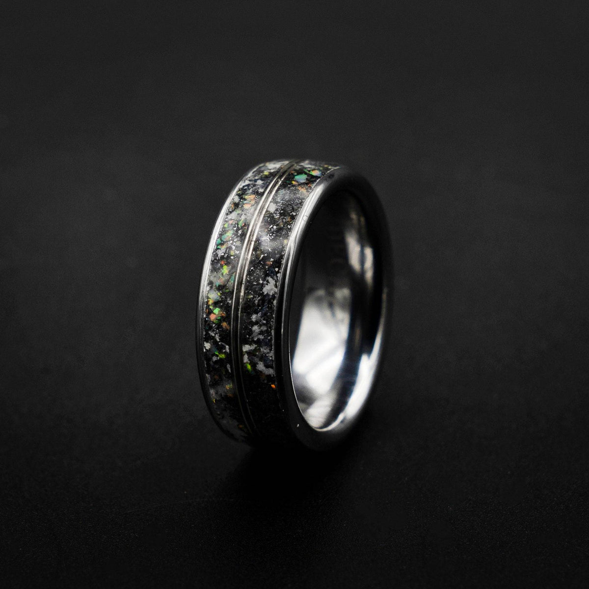Meteorite and White Opal Tungsten Ring