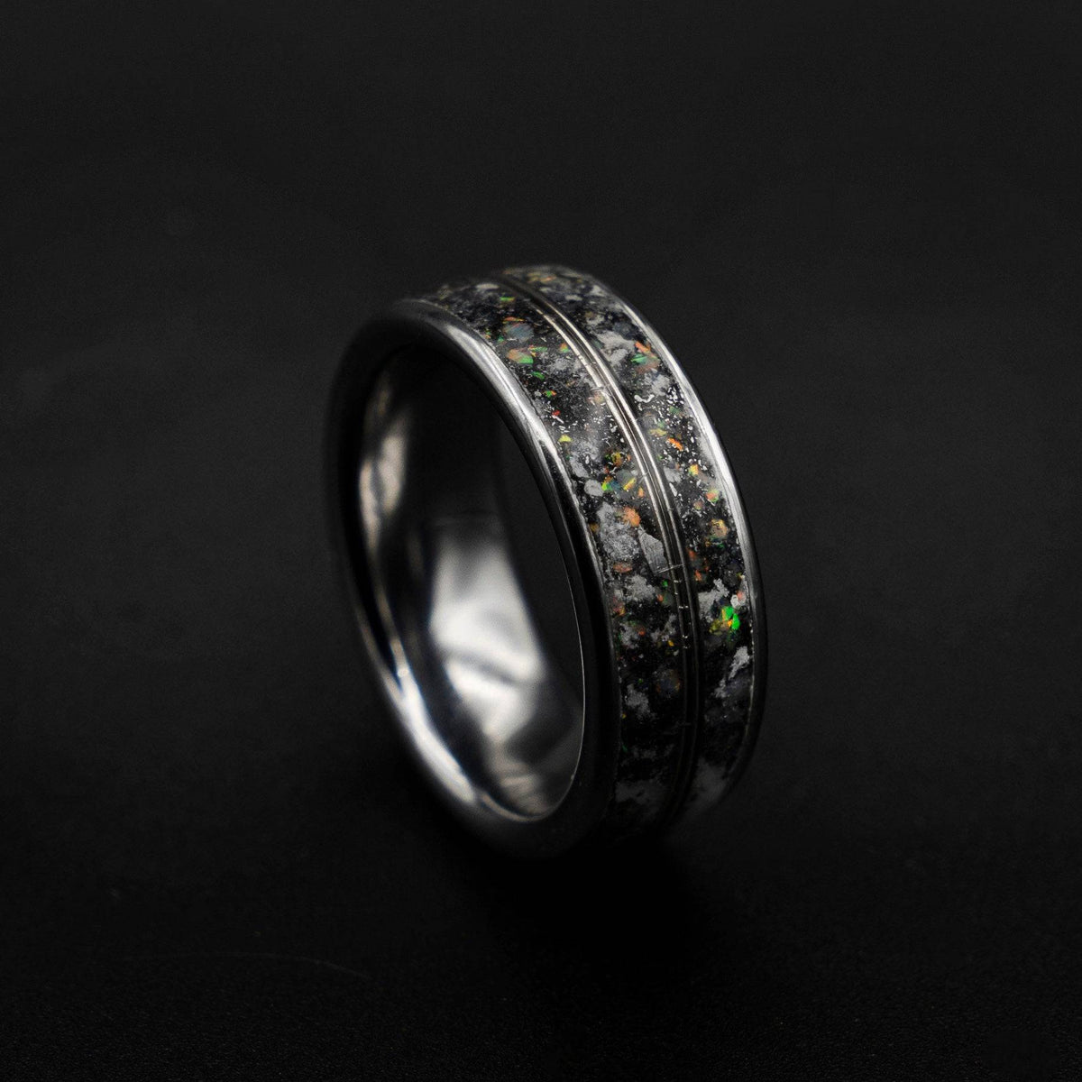 Meteorite and White Opal Tungsten Ring