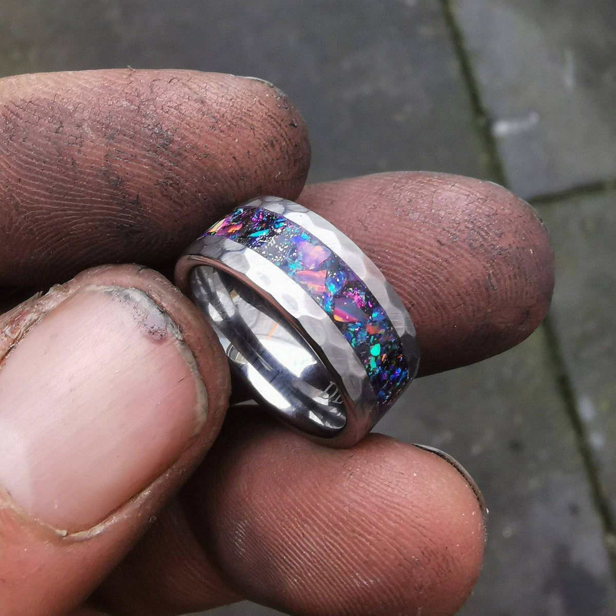 Meteorite Inlay Hammered Tungsten Opal Ring