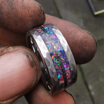 Meteorite Inlay Hammered Tungsten Opal Ring