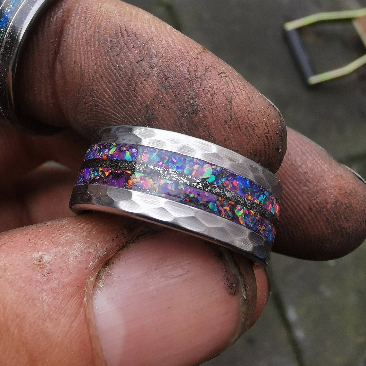 Meteorite Inlay Hammered Tungsten Opal Ring