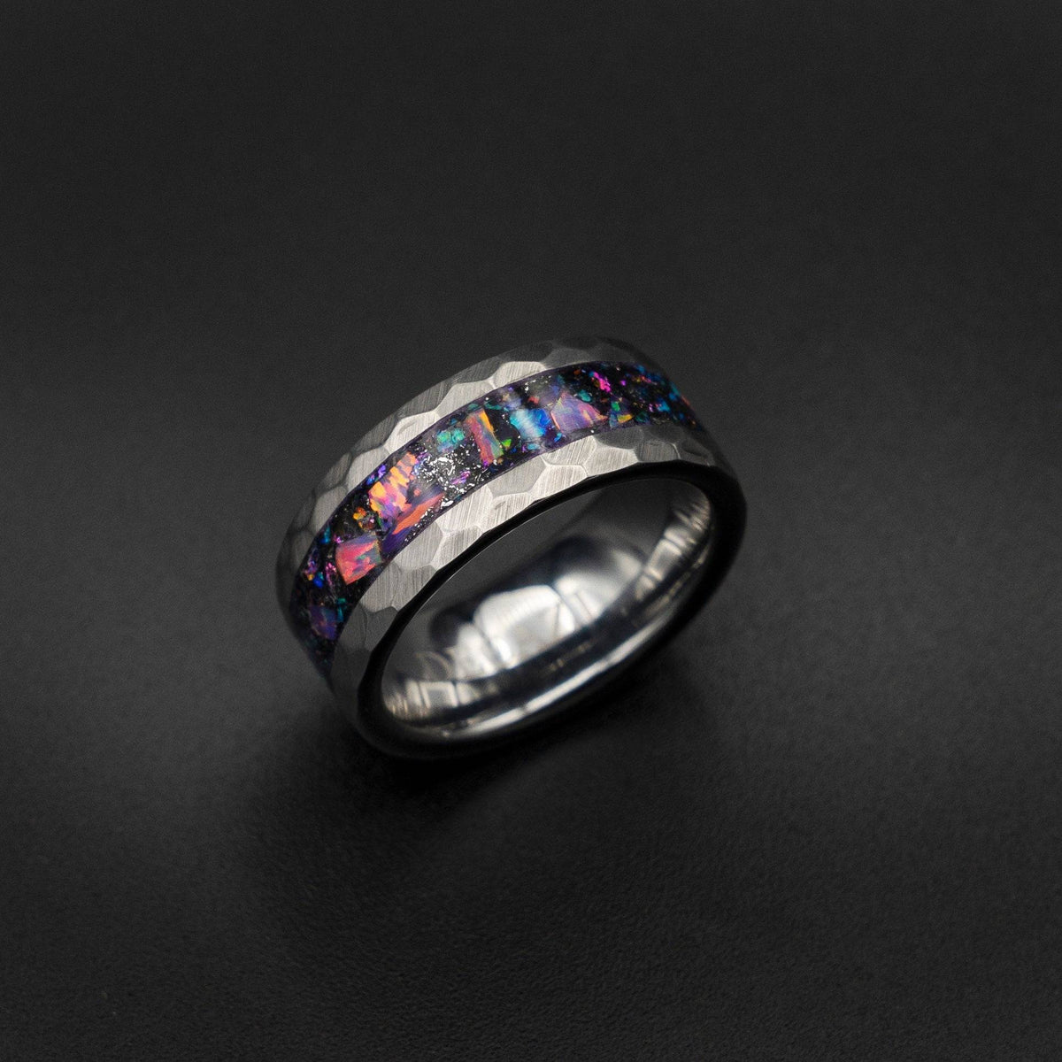 Meteorite Inlay Hammered Tungsten Opal Ring