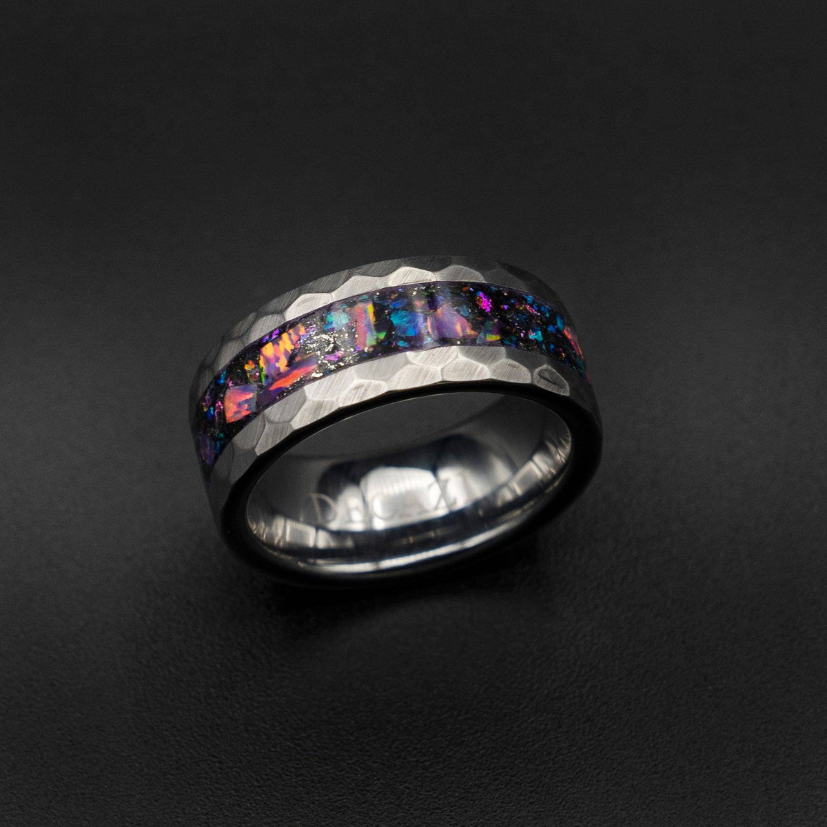 Meteorite Inlay Hammered Tungsten Opal Ring