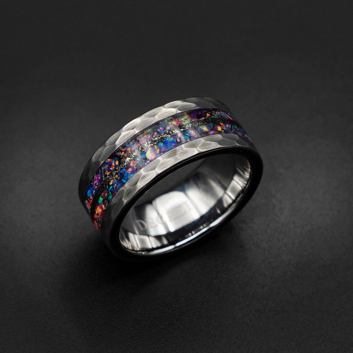 Meteorite Inlay Hammered Tungsten Opal Ring