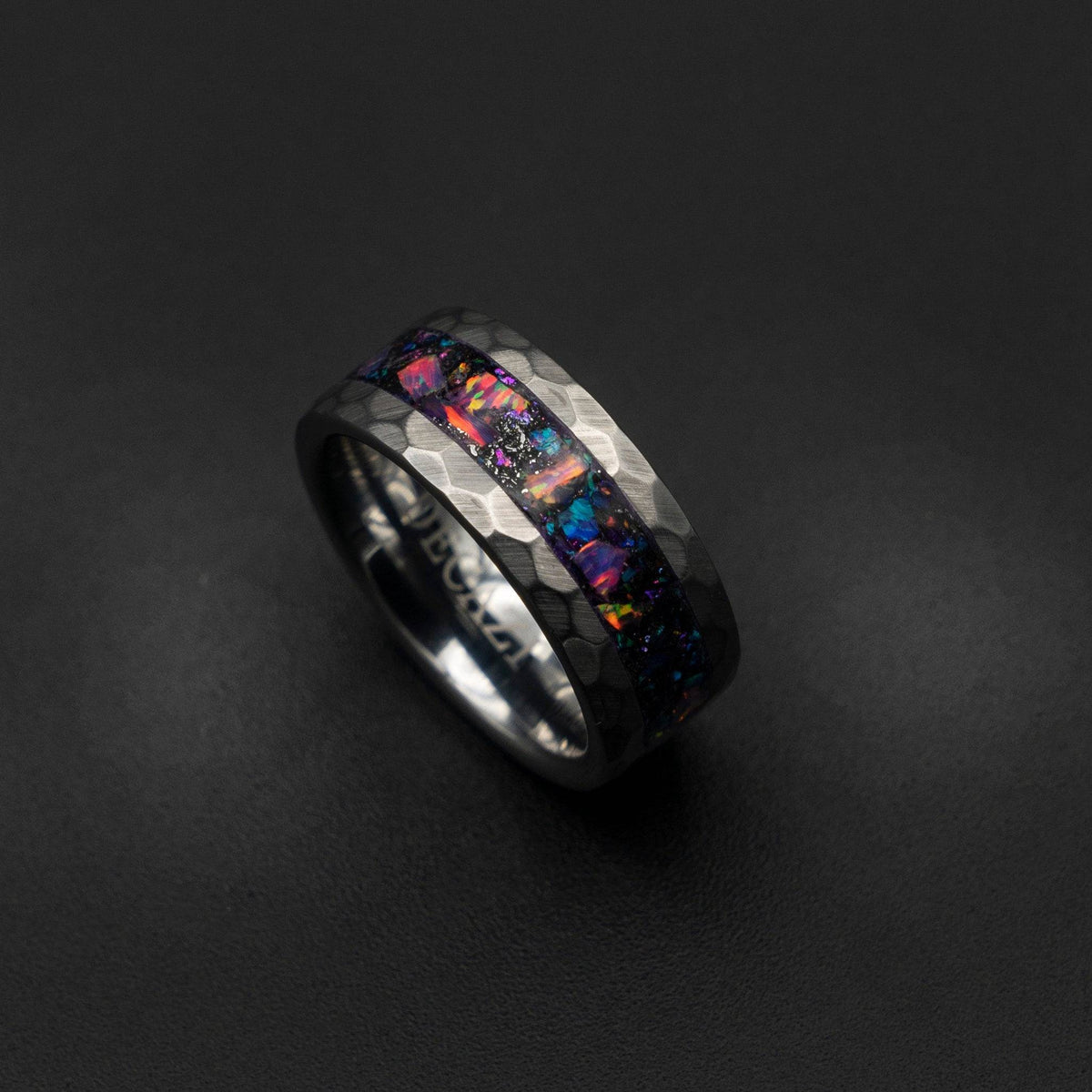 Meteorite Inlay Hammered Tungsten Opal Ring