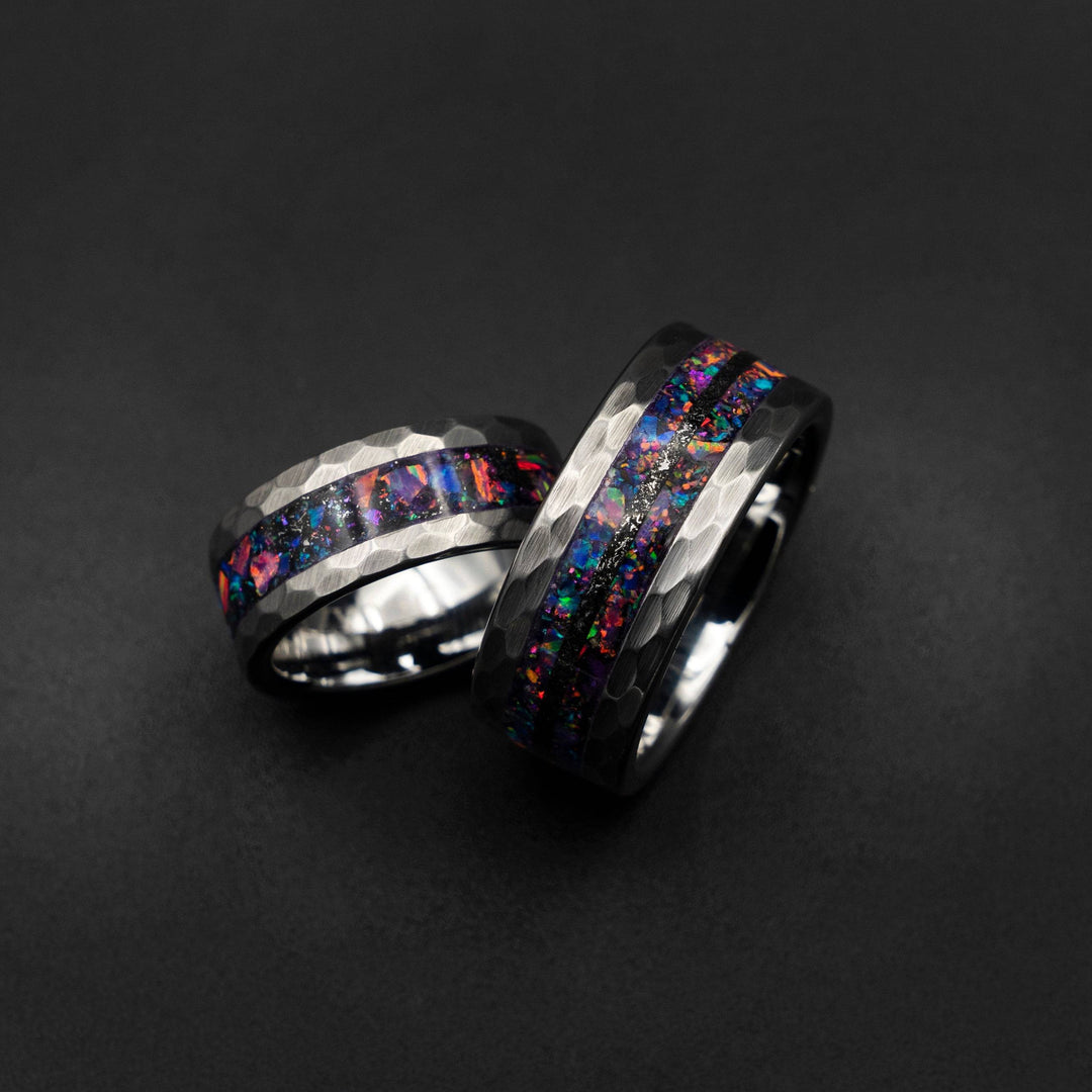 Meteorite Inlay Hammered Tungsten Opal Ring