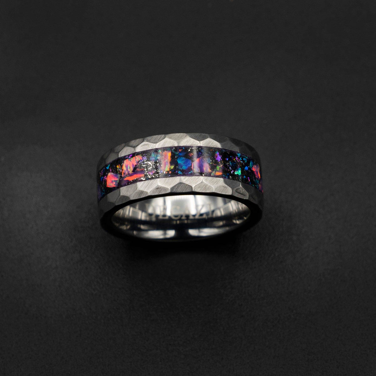 Meteorite Inlay Hammered Tungsten Opal Ring
