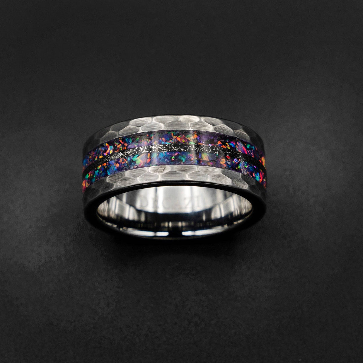 Meteorite Inlay Hammered Tungsten Opal Ring