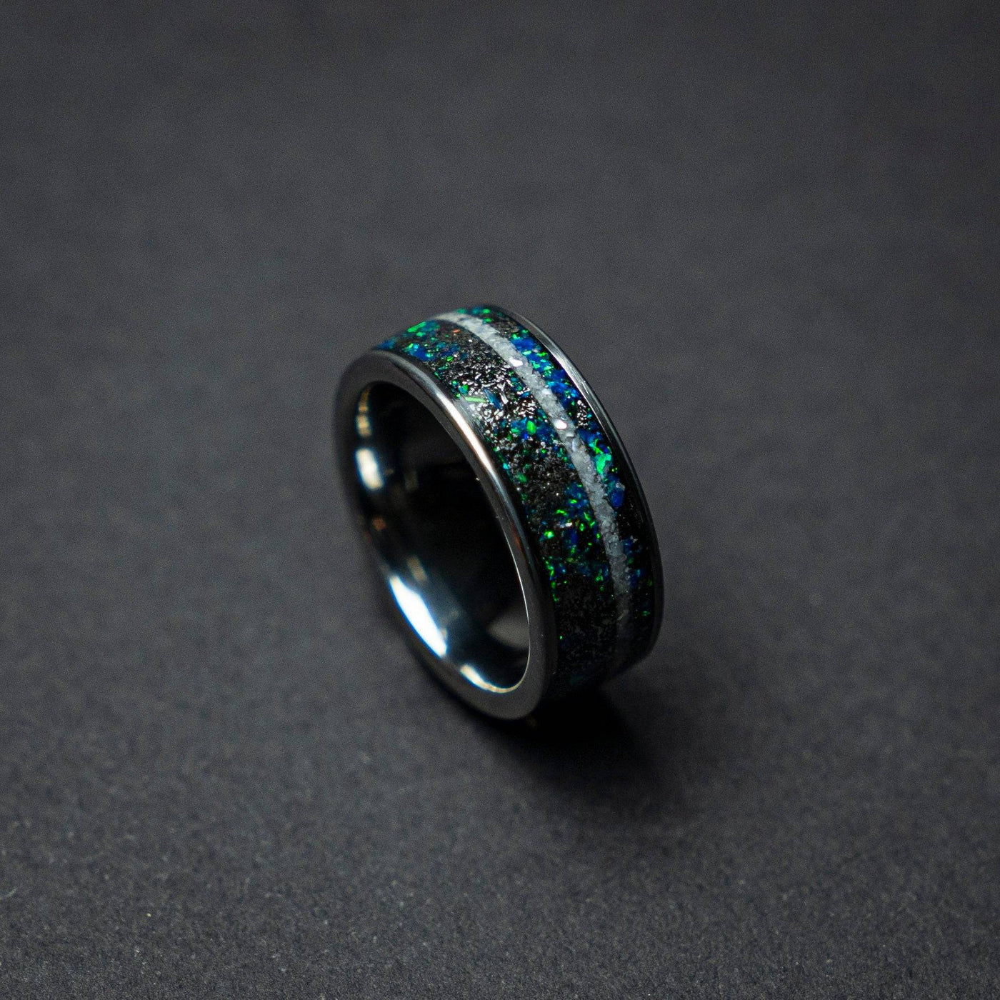 Meteorite Opal Crushed Pearl Silver Tungsten Ring - Decazi