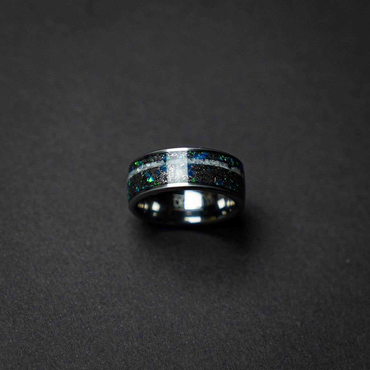 Meteorite Opal Crushed Pearl Silver Tungsten Ring