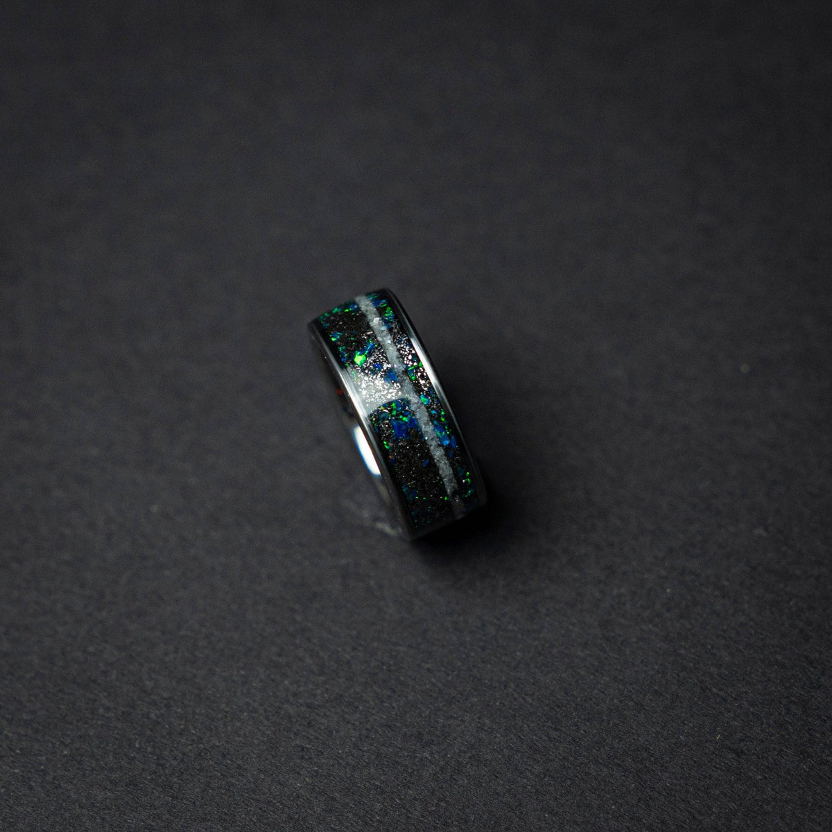 Meteorite Opal Crushed Pearl Silver Tungsten Ring