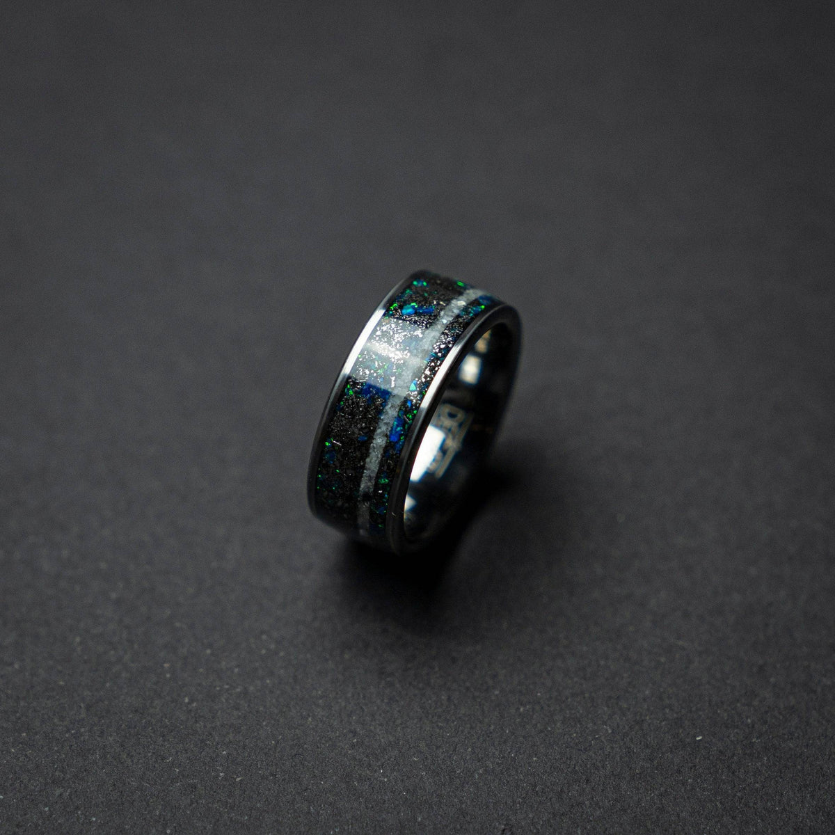 Meteorite Opal Crushed Pearl Silver Tungsten Ring