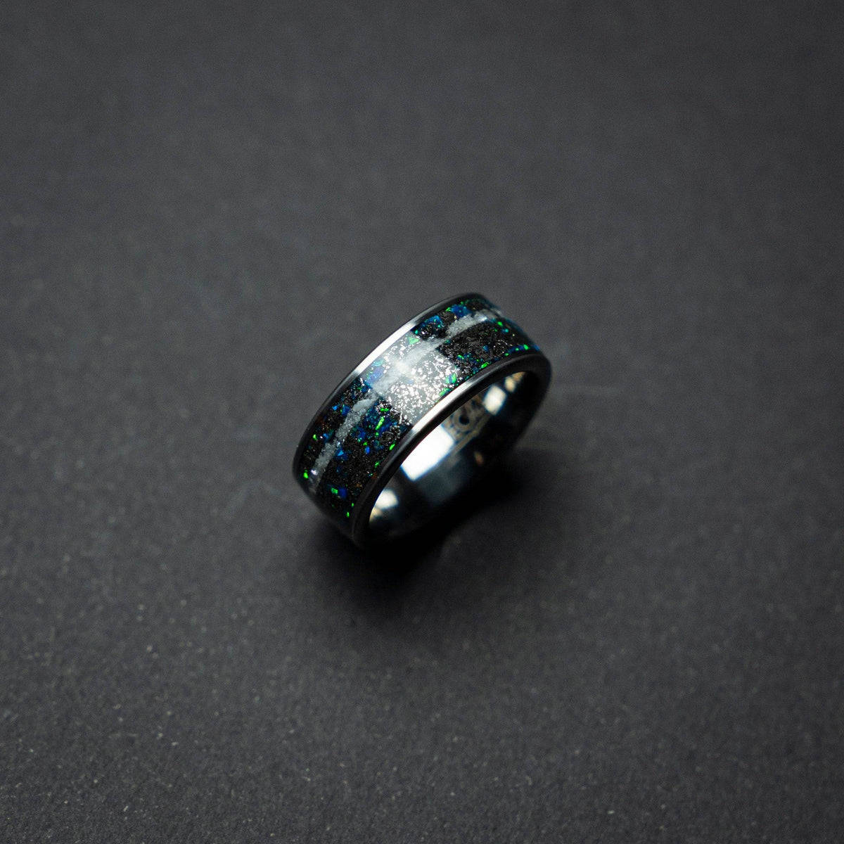 Meteorite Opal Crushed Pearl Silver Tungsten Ring
