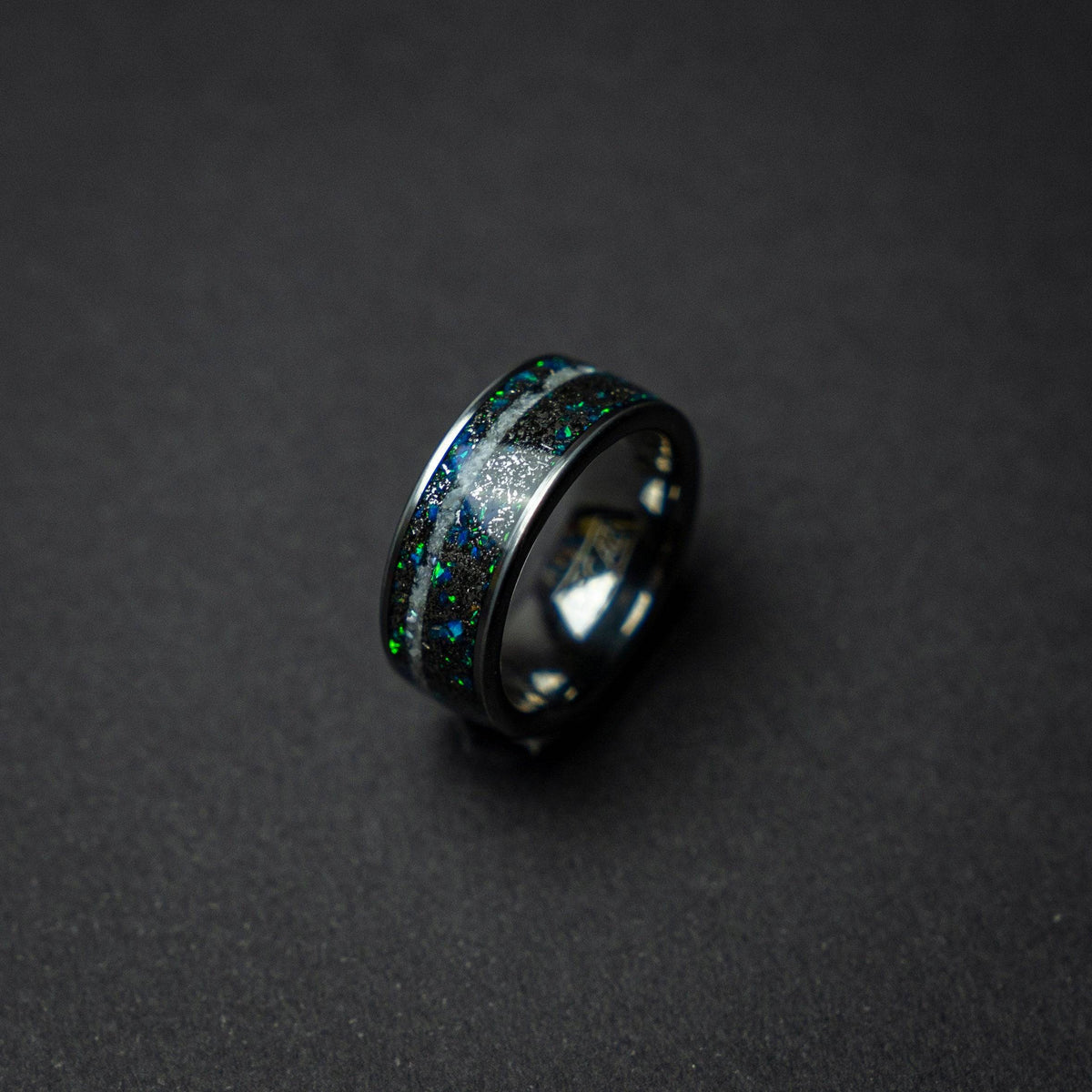 Meteorite Opal Crushed Pearl Silver Tungsten Ring