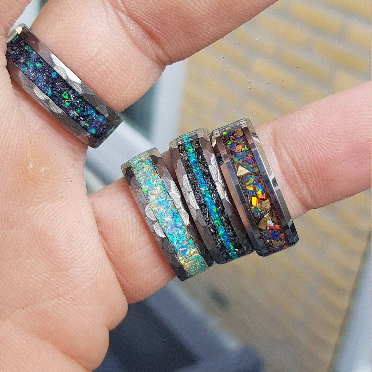 Meteorite & Peacock Green Opal Inlay Tungsten Ring