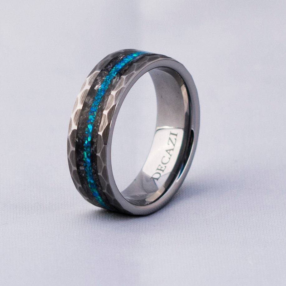 Meteorite & Peacock Green Opal Inlay Tungsten Ring