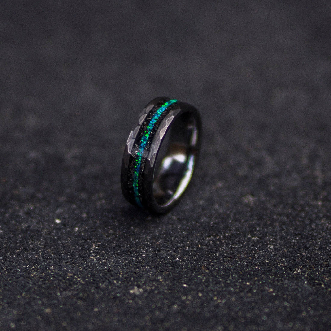 Meteorite & Peacock Green Opal Inlay Tungsten Ring