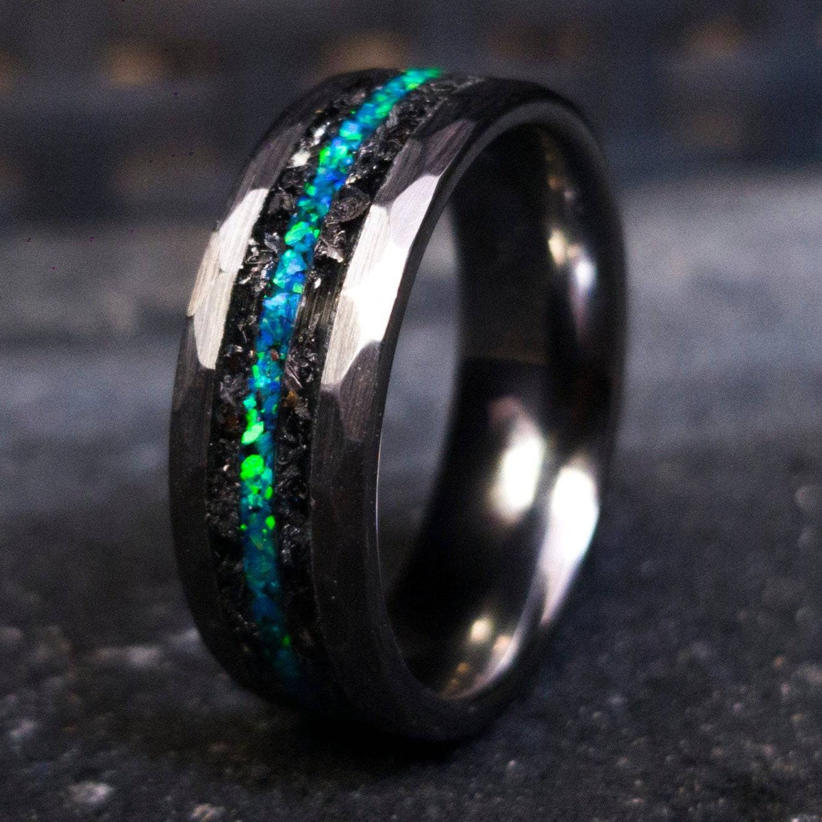 Meteorite & Peacock Green Opal Inlay Tungsten Ring