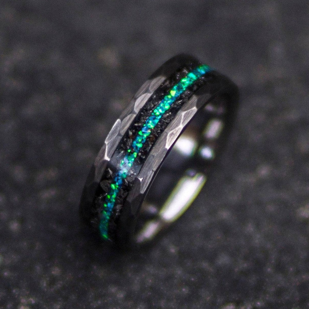Meteorite & Peacock Green Opal Inlay Tungsten Ring