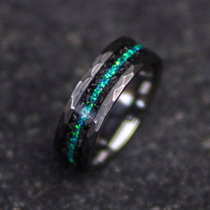 Meteorite & Peacock Green Opal Inlay Tungsten Ring