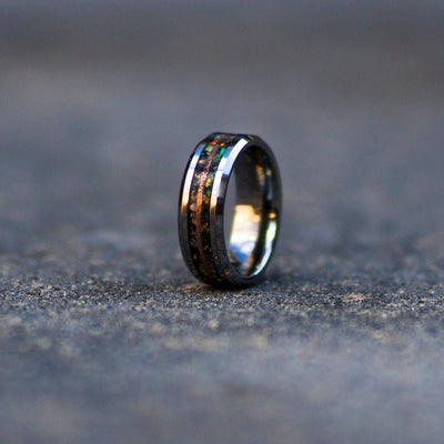 Moonstone Tungsten Ring with white opal and copper line.
