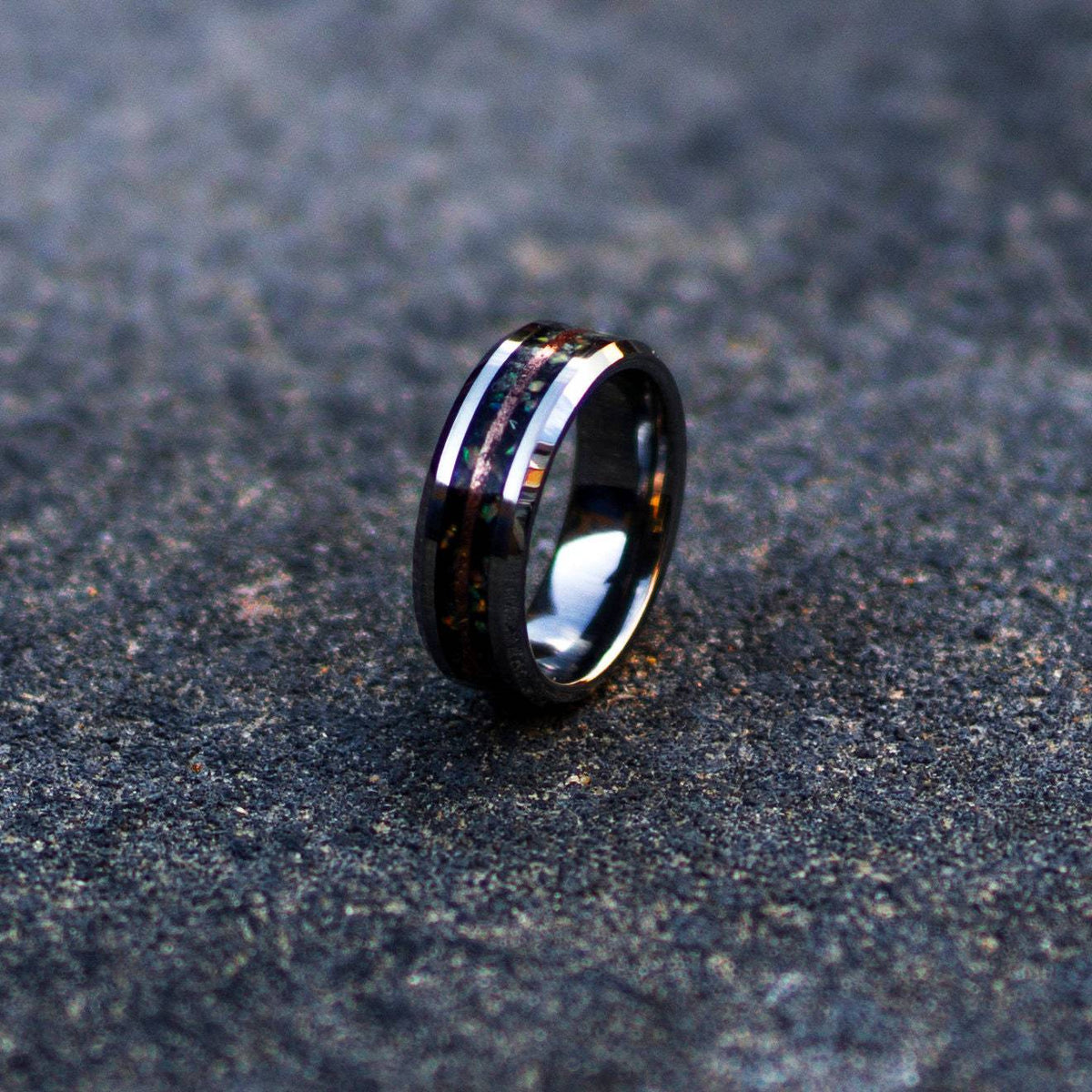 Moonstone Tungsten Ring with white opal and copper line.