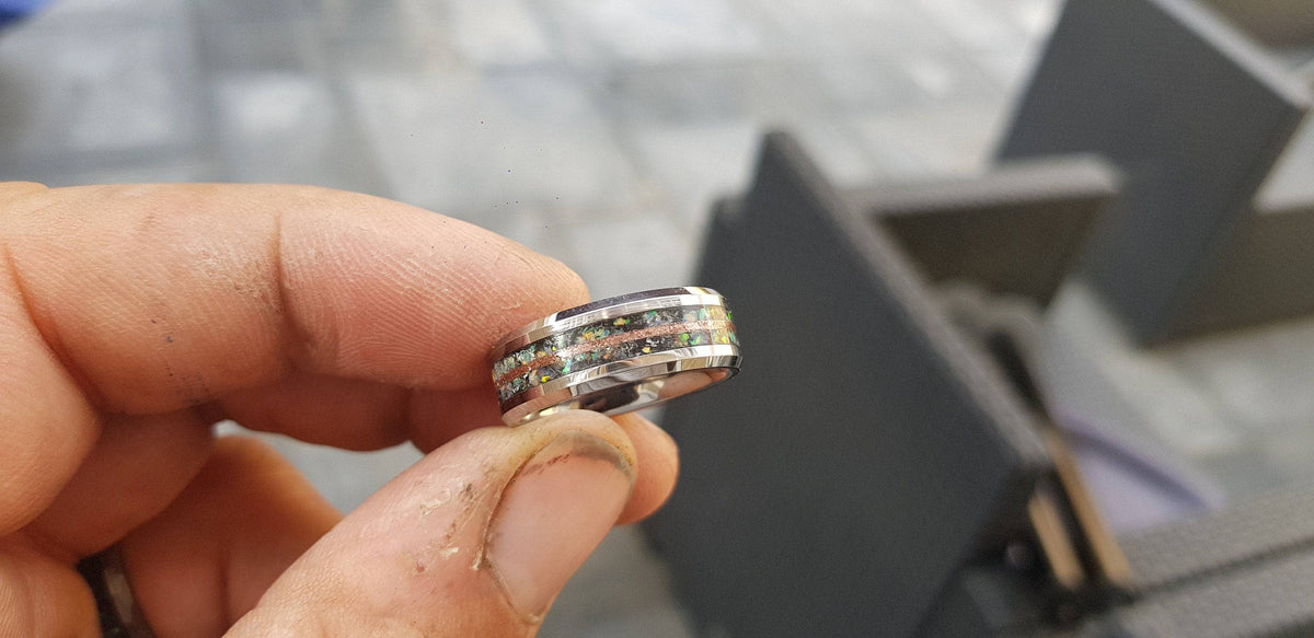 Moonstone Tungsten Ring with white opal and copper line.