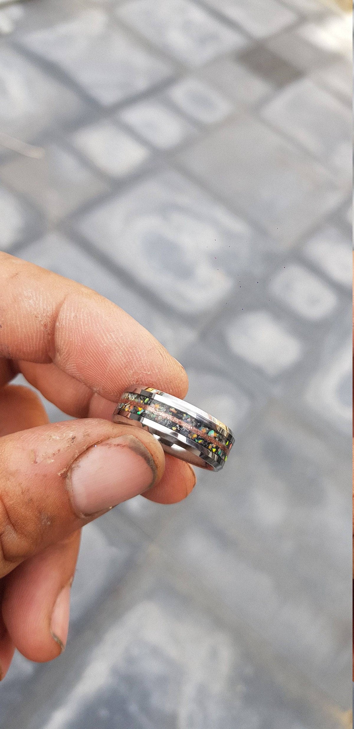 Moonstone Tungsten Ring with white opal and copper line.